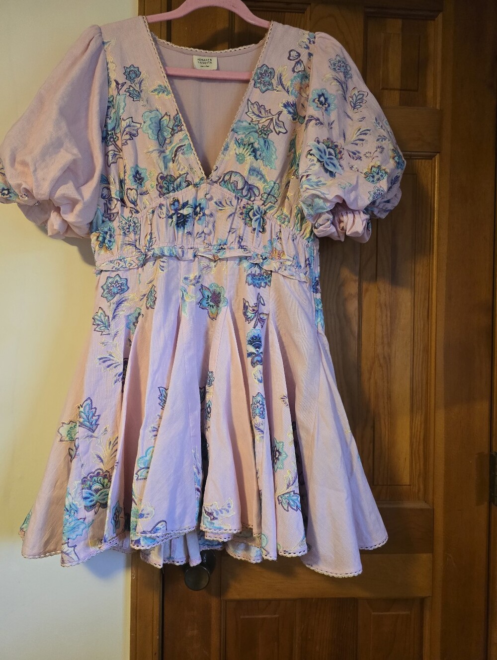 Hemant & Nandita Lilac Floral V-Neck Puff Sleeve Dress